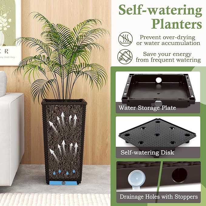 Giantex Set of 2 Outdoor Wicker Flower Pot, 23 Inch Tall Planters with Drainage Hole, Self-Watering Tray, Rattan Flower Pots, Indoor Outdoor Decoration for Front Porch Balcony Entryway (Dark Brown)