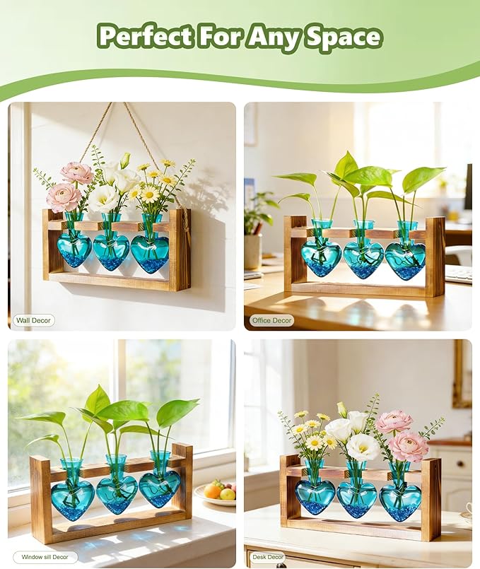 Nacome Plant Terrarium Propagation Stations: Mothers Day Gifts for Mom Plant Lovers Women Wife Daughter - 3 Bulb Glass Vases with Wooden Stand Tabletop for Hydroponics Home Garden Decor