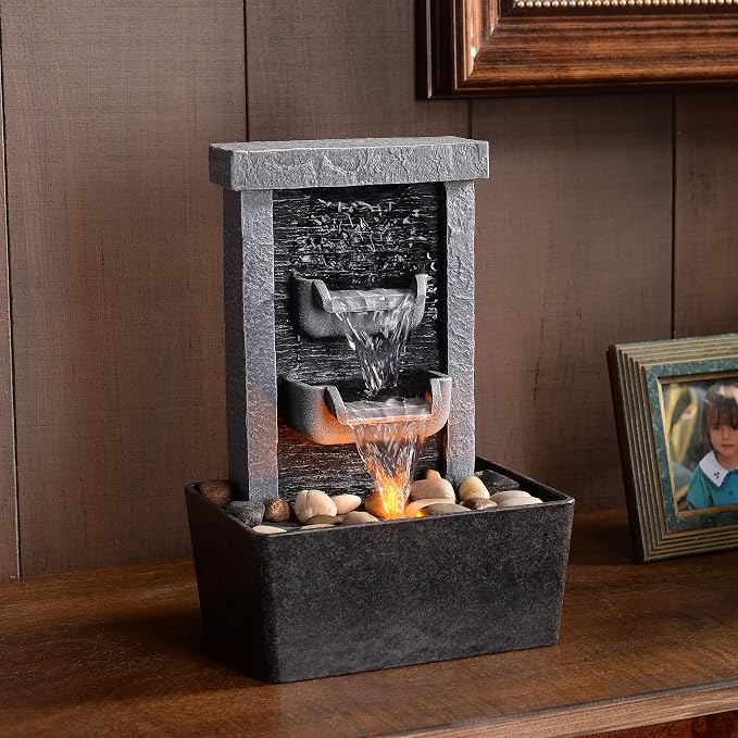 GOSSI Indoor Waterfall Fountain, 10.3" Tabletop Water Fountain with LED Lights & River Rocks, Relaxing Home Office Decor
