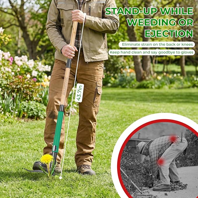 Weed Puller Tool with 2 Weed Eject Feature, 43.7in Stand Up Dandelion Remover Tool, Real Bamboo Handle and Metal 4 Claw & Foot Pedal, Heavy Duty Garden Weeder