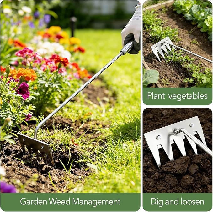 Weed Puller Tool, 2026 Portable Manual Weeding Tools Gardening, 5 Teeth Head Stainless Steel Hand Garden Weeding Rake, Weed Remover Tool for Gardening Backyard Yard Farm Planting Weeding