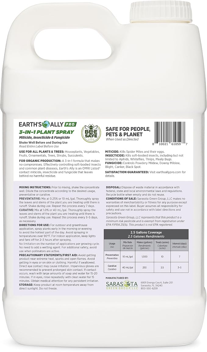 Earth's Ally 3-in-1 Plant Spray 2.5 Gal Concentrate for Pests and Disease - Organic Insecticide, Fungicide, Miticide - OMRI Listed for Indoor Houseplants and Outdoor Garden - Safe for Bees, Kids, Pets