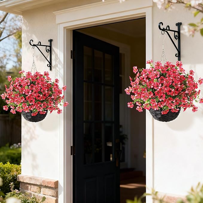 Artificial Flower & Eucalyptus with Hanging Basket - 2PCS Faux UV Sun Resistant Morning Glory in Planter, Fake Colorful Silk Flowers for Spring Summer Porch Patio Balcony Yard Decor (Rose Red)