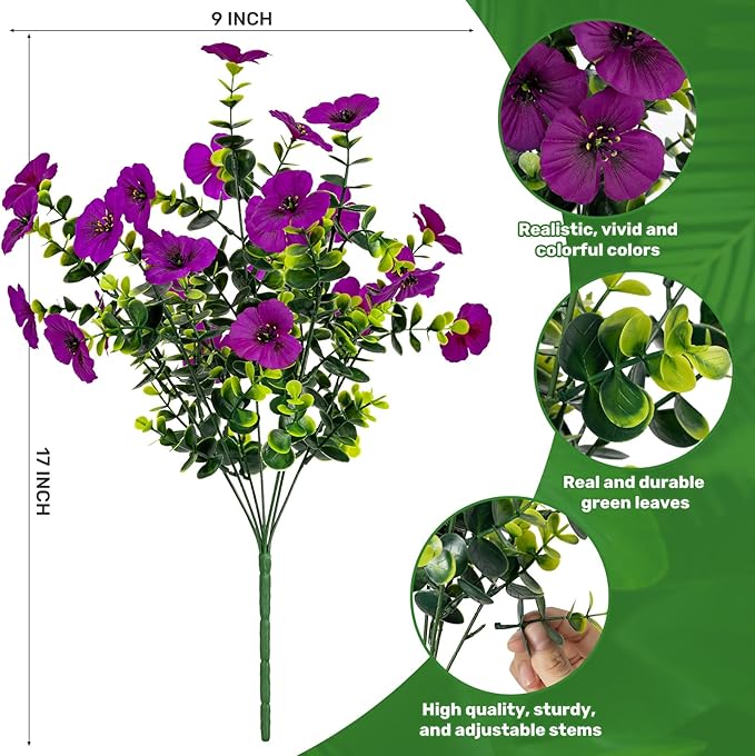17 Inch Artificial Faux Pansy Flowers for Outdoor,Fake Pansies Flowers with Eucalyptus Leaves Fake Plants Greenery Boxwood Porch Patio Decor 6 Bundles(Dark Purple,Magenta,Dark Rose)