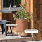 Veradek Demi Series Round Planter w/Stand for Porch/Patio | Durable Plastic-Stone Composite & Wooden Stand | Modern Décor for Tall Plants, Flowers