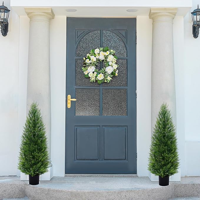 2Pack 4FT Artificial Cedar Trees in Pots, UV Resistant Faux Evergreen Plants for Indoor Outdoor Decoration, Modern Porch & Entryway Greenery