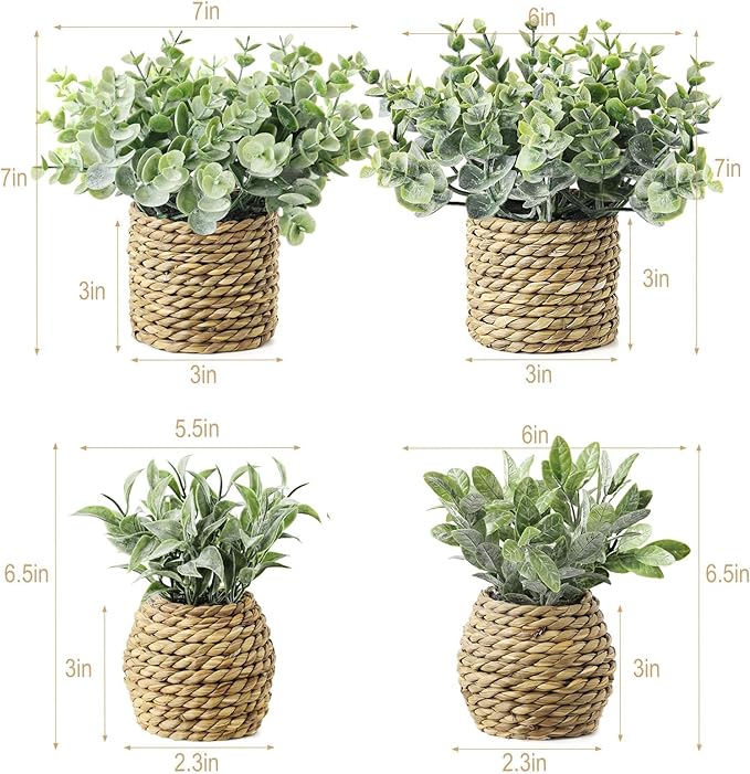 Small Fake Potted Plants: 7 Inches Artificial Plants with Seagrass Handwoven Planters, Indoor Farmhouse Spring Decorations, Eucalyptus Plant for Home Bathroom Office Shelf Tabletop Desk Room Decor