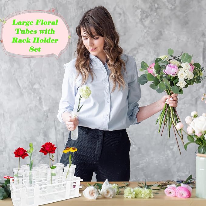 33 Pcs 60 ml Large Floral Water Tubes with 3 Rack Holder Set Transparent Single Flower Stem Water Tubes for Milkweed Cuttings Flower Arrangements