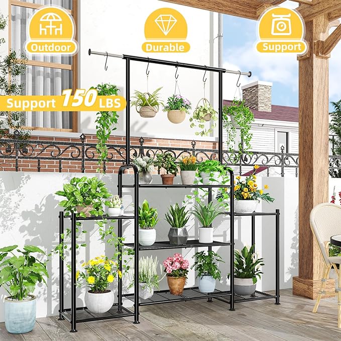 Simple Trending Plant Stand Indoor Outdoor, Metal 3 Tier Tall Hanging Plant Shelf for Multiple Flower Planter Large Heavy Duty Ladder Plant Holder for Garden, Black
