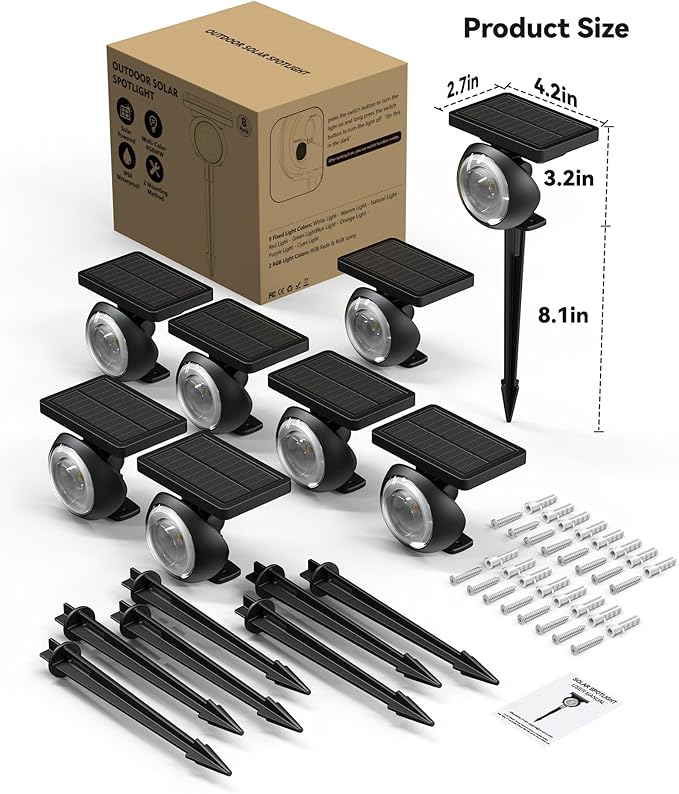Monocular Solar Spot Lights Outdoor Waterproof, RGB+3CCT Solar Tree Spotlight, Bright Solar Uplights for Halloween Decorations Outdoor, Multicolor Garden Yard Landscape Path Lights [8Pack]