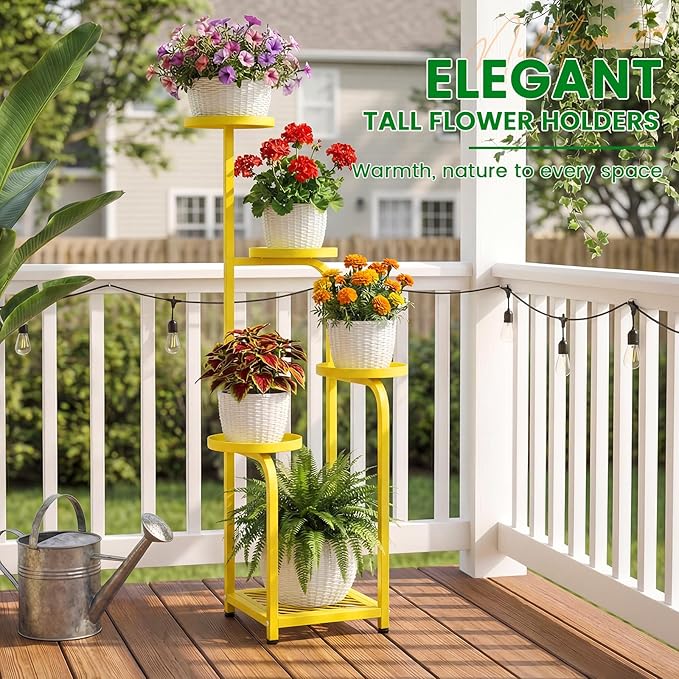 TOSKING 5 Tier Tall Plant Stand Indoor Outdoor,Anti-Tip Plant Stand indoor, Wide Base for Pots, Child and Pet Friendly,Heavy Duty Corner Shelf for Plants & Decor, Space Saving ,Tiered Metal Flower Pot Stand for Balcony, Garden, Living Room, Patio (Yell...