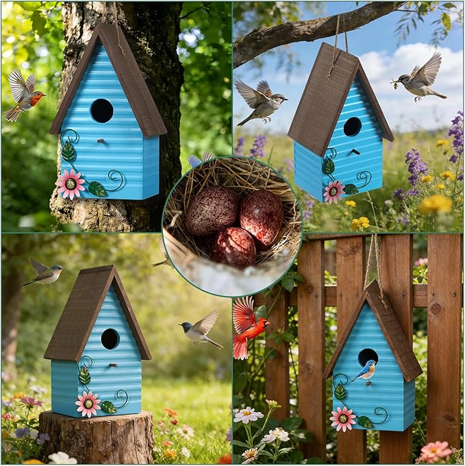 Bird Houses for Outside,Blue Bird Houses for Outdoors,Hanging Birdhouses for Outdoor,Wooden Bluebird Houses for Outside,Country Style Hummingbird Nest Box,Yard Decorative Gift for Bird Lovers