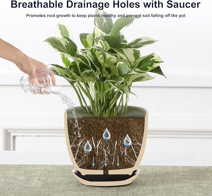 Sureasy Ceramic Indoor Plant Pots, 5.6 Inch Flower Pots for Plants with Drainage Hole and Saucer, Embossed Planter for Succulents, Orchid, Cactus, Indoor Home Decor, Set of 4, Green