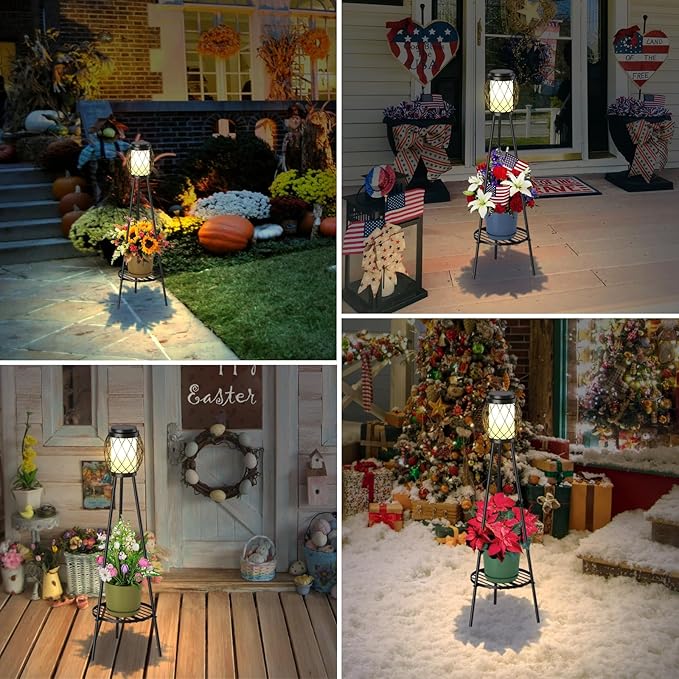 MXwcy 2-in-1 Solar Lights Outdoor with Plant Stand, Waterproof Vintage Solar Floor Lamp & Metal Planter Holder, Tall Geometric Lantern Tripod for Patio, Garden, Yard, Porch Decor (2 Pack)