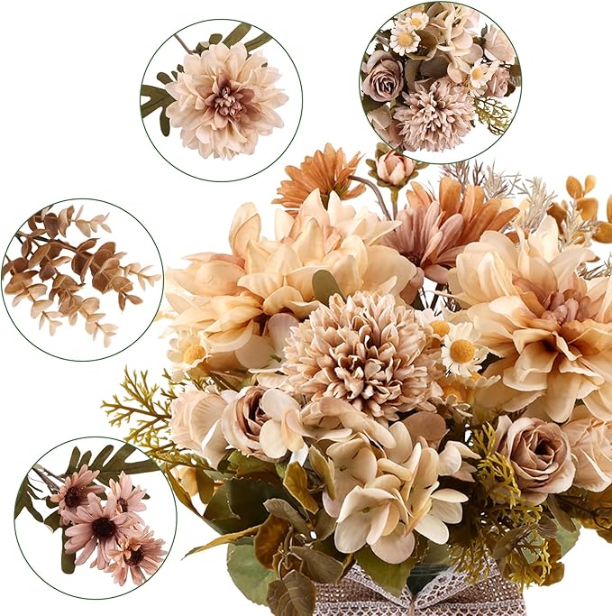CEWOR Fake Flowers in Vase, Artificial Flowers with Vase Faux Silk Floral Arrangement Table Centerpieces Decor for Home Office Dining Farmhouse Coffee Table Living Room Bathroom Plant Decor .Brown