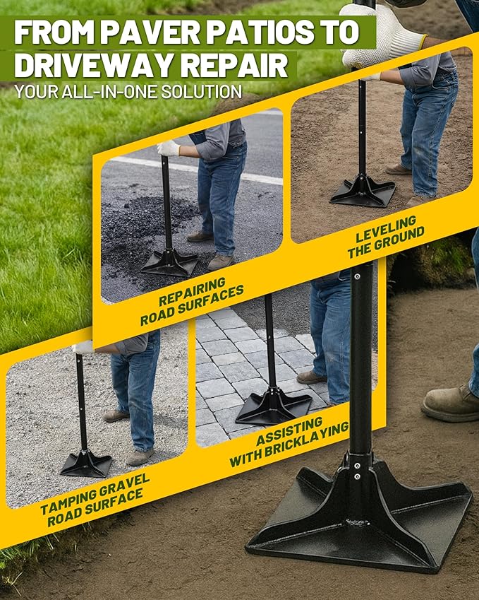 Steel Tamper Tool, 8''x8'' Heavy Duty Hand Tamper for Soil Compaction, 48" Adjustable Handle with Non-Slip Grip, Ground Dirt Tamper for Landscaping, Patio, Asphalt Repair with Gloves