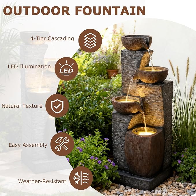 38.2" Tall Water Fountain Outdoor Garden,4 Tiers Modern Cascading Bowls and Stacked Stones Indoor Fountains with LED Lights for Garden, Patio, Deck, Porch, Backyard and Home Art Decor(Grey)