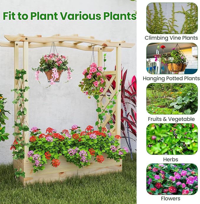 Giantex Raised Garden Bed with Trellis & Hanging Roof, Wooden Elevated Planter Box with Drainage Hole, Freestanding Gardening Planter Raised Bed for Flowers Herbs Climbing Plants Vines, 44”x14”x45”