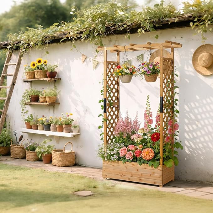 VINGLI 72 in Raised Garden Bed with Trellis & Hanging Roof, Wooden Elevated Planter Box with Drainage Holes for Outdoor Climbing Plants Vegetables Flowers, Patio Yard Balcony, Teak Color