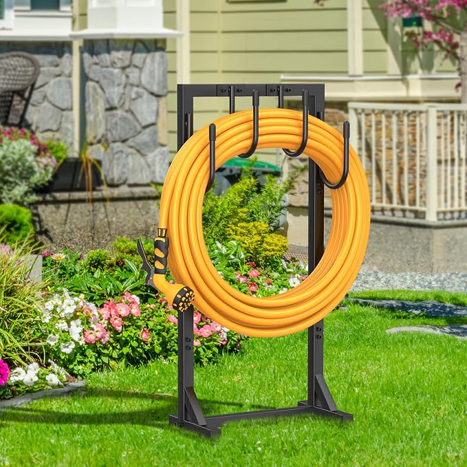 Garden Hose Holder Reel, Upgraded Metal Hose Reels Holds 150ft Hose with 4 Large hooks, Heavy Duty Freestanding Water Hose Holders, Detachable Hose Storage Hanger for Outside