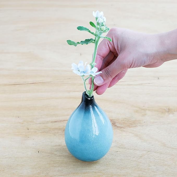 Wazakura Minoyaki Ceramic Small Ikebana Flower Bud Vase Made in Japan, Handpainted Floral Arrangement Pottery Supplies - Drop Shaped SkyBlue Vase