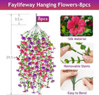 Artificial Hanging Flowers for Outdoors Spring Summer Decoration, 8PCS UV Resistant Silk Fake Hanging Plants for Patio Porch Front Yard Window Garden Indoor Decor(Purple&Hot Pink,8PCS)