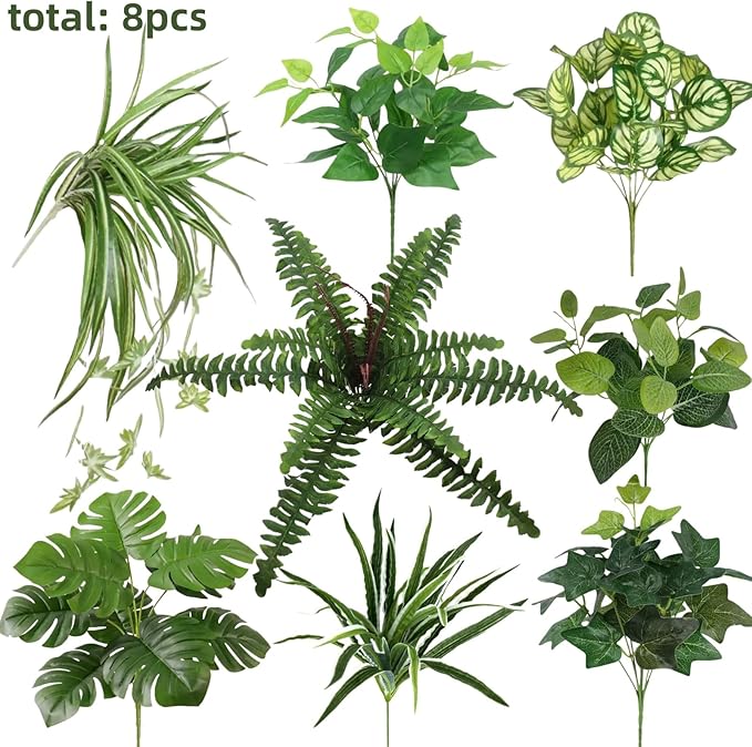 Artificial Plants Faux Greenery for Outdoor Porch Planter, UV Resistant Fake Realistic Large Shrubs Bushes Plastic Green Filler for Spring Outside Front Door Patio Decoration, 8 Bundles