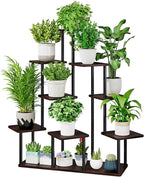 AZERPIAN Plant Stand 9 Tier Indoor Metal Flower Shelf for Multiple Plants Corner Tall Flower Holders for Patio Garden Living Room Balcony Bedroom, Black Oak