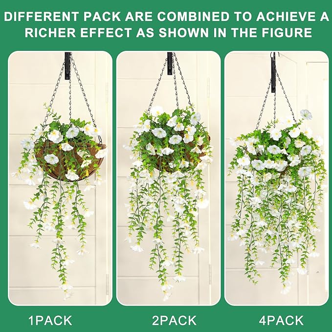 4PCS Artificial Hanging Flowers for Outdoors Summer Decoration, Fake Hanging Plants Faux Petunias with Eucalyptus, UV Resistant No Fade Plastic Realistic Silk Flowers for Porch Patio Balcony Indoor