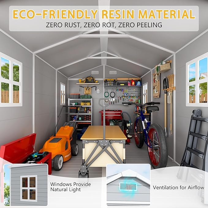 PIPLEO 8x12 FT Resin Outdoor Storage Shed with Floor, Plastic Garden Storage Shed with Lockable Door & Vent, All Weather Versatile Tool Shed for Backyard, Patio, Lawn, Cloud Gray
