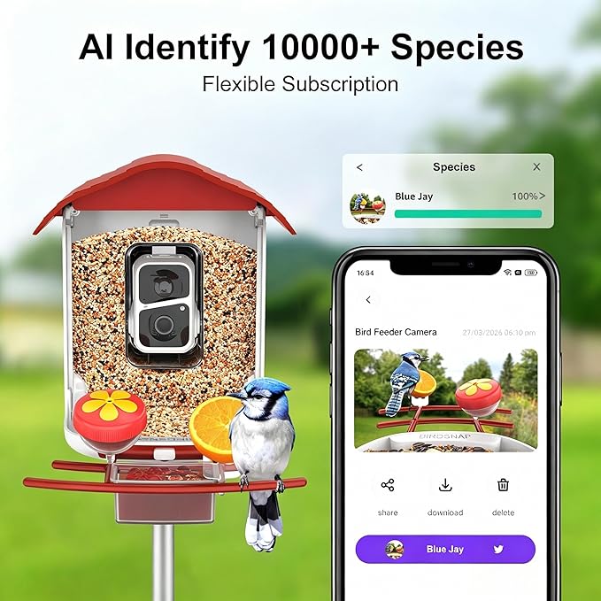 birdsnap® PAV-Bird Feeder with Camera,2K HD with 64GB Card, AI Identify Smart Bird House Cam Solar Panel,Live Stream,Motion Detection,Auto Record Video for Backyard Outdoors,Ideal Gift for Bird Lover