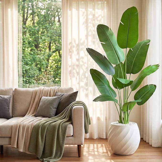 Birds of Paradise Plant Artificial, 6FT Fake Plants Faux Banana Leaf Tree with 10 Banana Leaves, Lifelike Tall Fake Tropical Palm Indoor Silk Floor Plant in Black Pot for House,Office,Room,Home Decor