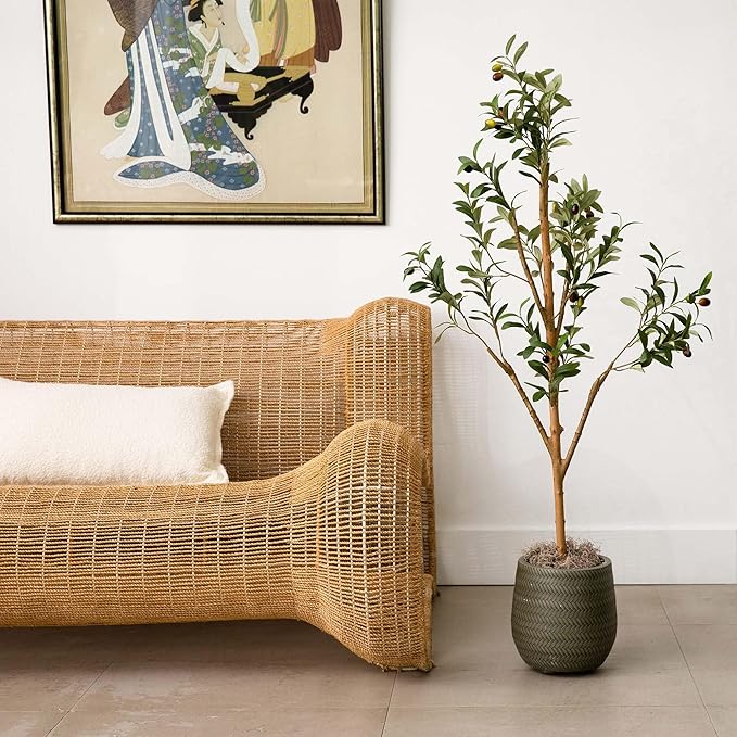 Nearly Natural Olive Tree Artificial Indoor 4FT Tall Silk Faux Olive Tree for Home and Office Decor, Fake Potted Olive Tree with Natural Wood Trunk, Realistic Olive Tree Branches and Lifelike Fruits