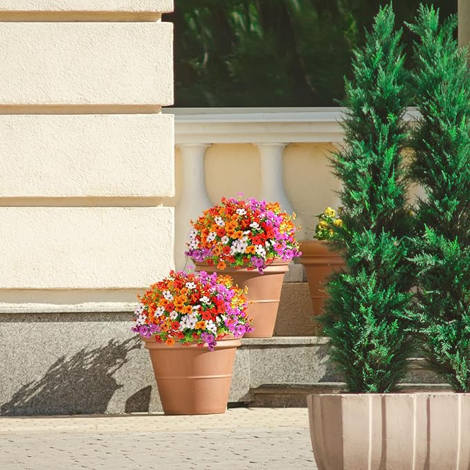 ADXORA 12 Bundles Artificial Flowers,Faux Plants for Spring Summer Decoration, UV Resistant Colorful Violets Eucalyptus for Outside Home Planter Porch Patio Yard Décor