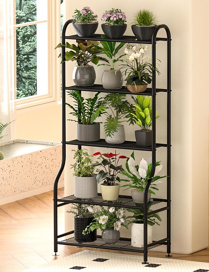 5-Tier Metal Plant Stand - Heavy Duty Indoor Outdoor Flower Shelf for Multiple Pots, 65" Tall Vertical Holder with Adjustable Leveling Feet & Wall-Fixing Kits, Black