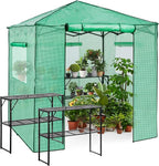 EAGLE PEAK 7x7 Portable Walk in Greenhouse, Pop Up Indoor Outdoor Greenhouse, Green House Kit with Zippered Roll-Up Doors and Windows + Mesh Lining & 2 Foldable Shelves, PE Cover, Clear/Green