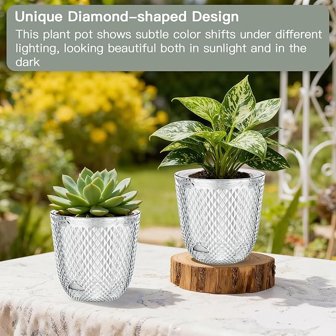 QCQHDU 2 Pack Self Watering Pots, 7.2 Inch Flower Pots with Drainage Holes and Water Filling Port, Garden Planter for Indoor Outdoor Plants (Clear)