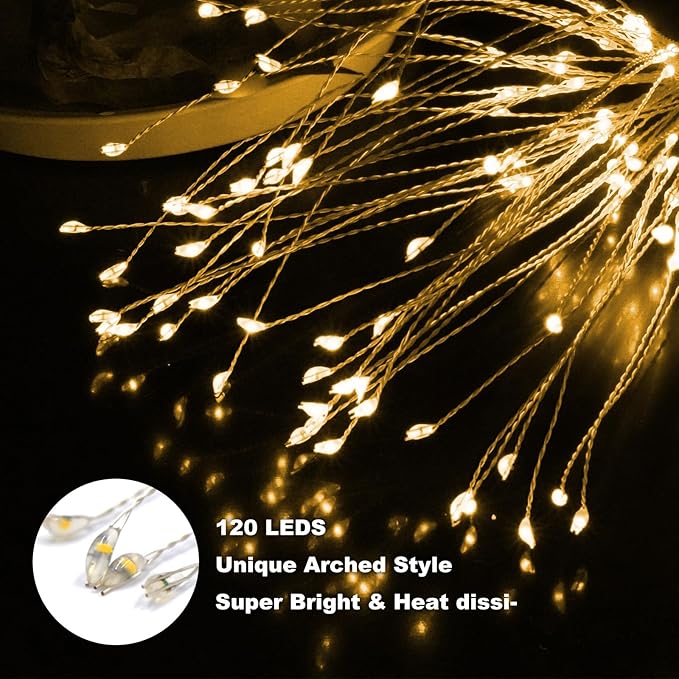 Anordsem Solar Lights Outdoor Waterproof: 4 Pack Garden Light - Bendable Copper Wire with 120 LED Firework Beads - DIY Warm Fun Decoration for Yard Patio - Twinkle Sparkler Gifts for Women Wife