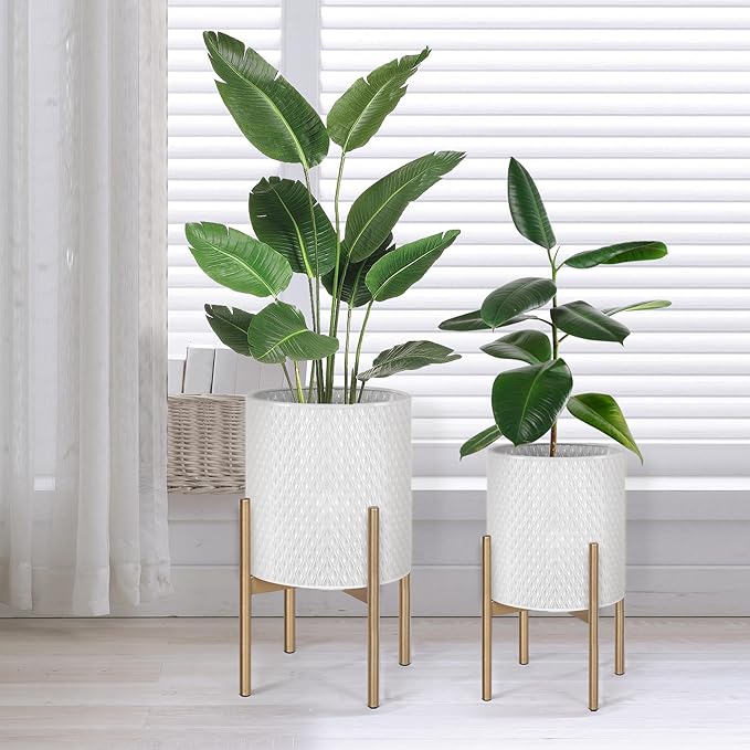 Oakrain Planters for Indoor Plants, Set of 2 Modern Planter with Stand, Decorative Metal Planter Pots for Living Room, Office, Garden, Balcony, 8"&10", Off-White