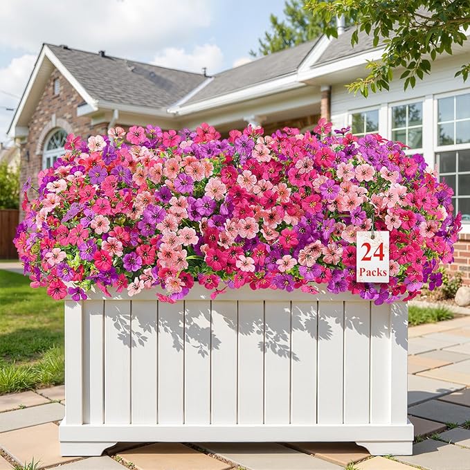 Alupssuc 24 Bundles Artificial Flowers for Outdoors Decoration, UV Resistant Silk Faux Daisy Flora Spring Fake Plastic Plants Greenery for Outside Indoor Yard Home Porch Window Box Decor(3 Colors)