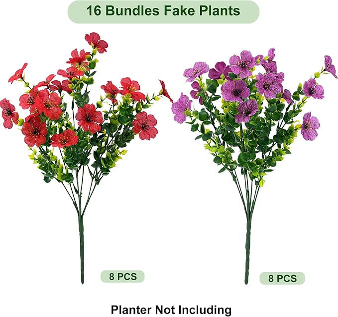 Artificial Flowers for Outdoor Fake Plants for Spring Decoration,Faux Eucalyptus Flowers for Planter UV Resistant Lifelike for Home Porch Garden (Red/Light Purple)
