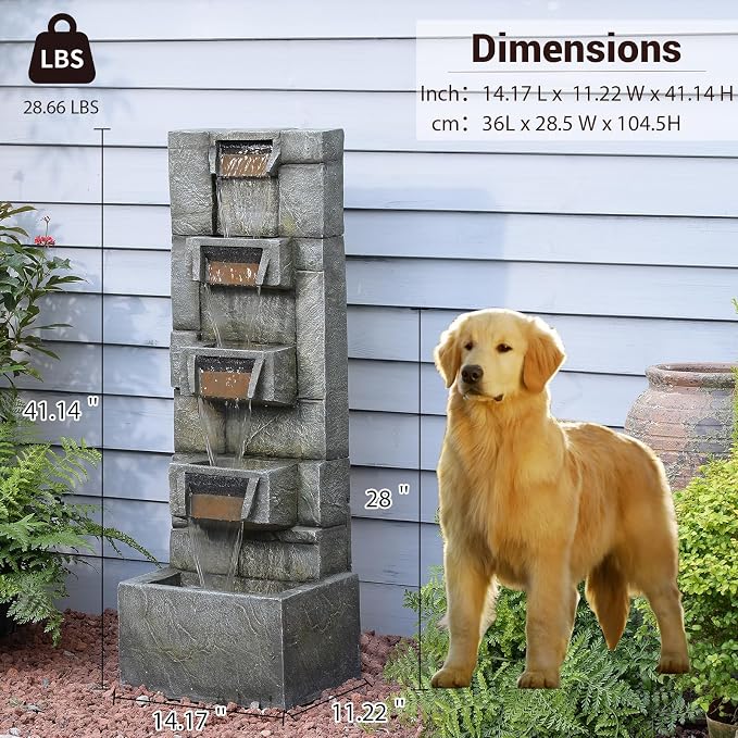 Outdoor Waterfall Fountain with LED Lights, 41” Tall Stone-Look Cascading Water Feature for Home Décor, Realistic Flowing Water Sound for Relaxation, Freestanding Indoor/Outdoor Fountain