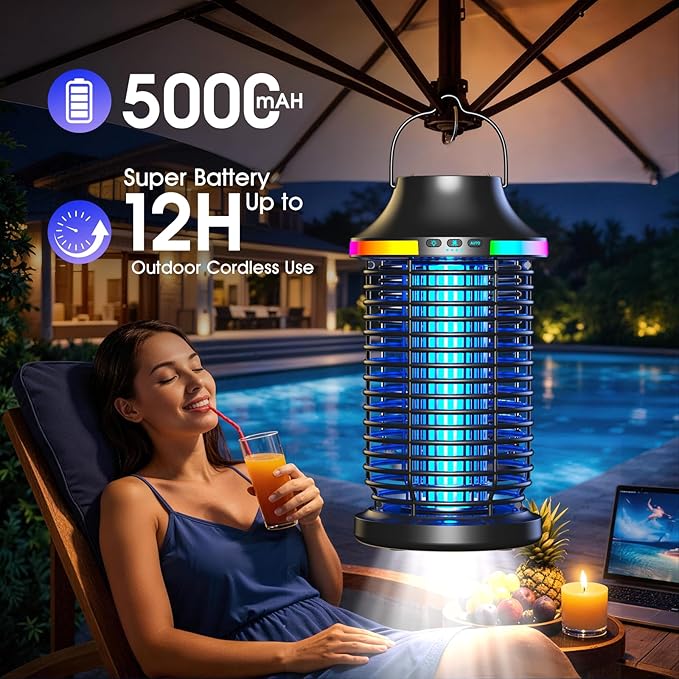 Bug Zapper Outdoor Cordless, 2026 Upgraded 4200V Electric Mosquito Zapper 5 in 1 Rechargeable Bug Zapper Outdoor Waterproof with 5000mAH Battery, Portable Fly Zapper Insect Zapper for Patio Camping