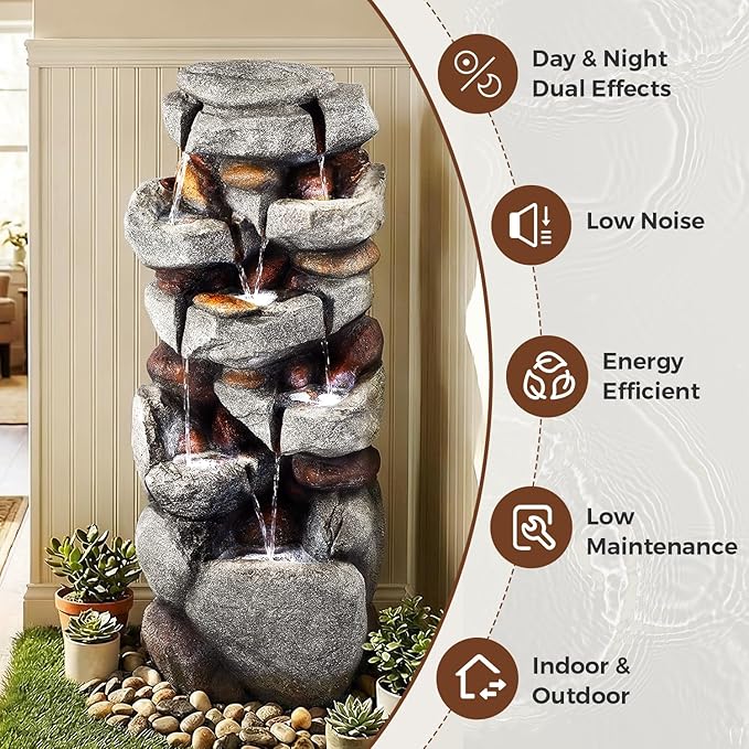 40" H Outdoor Water Fountain, Cascading Rock Waterfall Fountain with 6 White LED Lights, 7-Tiers Large Water Feature for Outdoor, Garden Water Fountain for Patio, Yark, Deck, Porch, Home Decor