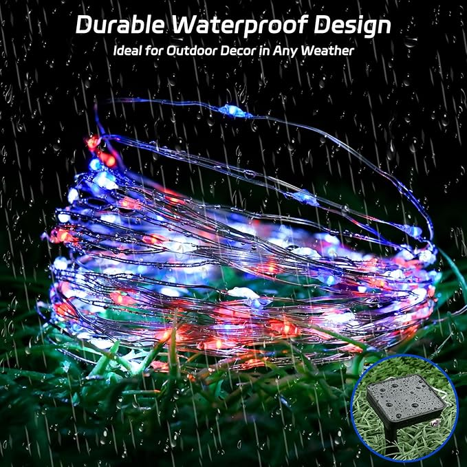 cshare Red White and Blue Solar Fairy Lights, Memorial Day Lights Waterproof Outdoor 39.4ft 120LED 8 Modes Memory Function Independence Day Memorial Day Decorations, CS-SL-5M