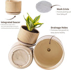 Beige Ceramic Planter Set of 3, 4.3+5.5+6.7 Inch Indoor Plant Pots with Drainage Hole, Saucer & Mesh Pads, Ceramic Striped Decorative Plant Pots for Garden Pots, Outdoor and Indoors Planters