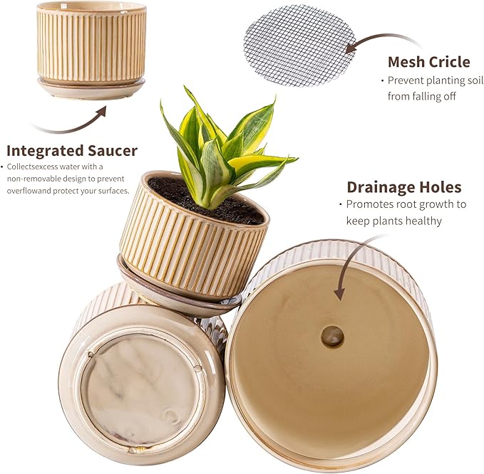 Beige Ceramic Planter Set of 3, 4.3+5.5+6.7 Inch Indoor Plant Pots with Drainage Hole, Saucer & Mesh Pads, Ceramic Striped Decorative Plant Pots for Garden Pots, Outdoor and Indoors Planters
