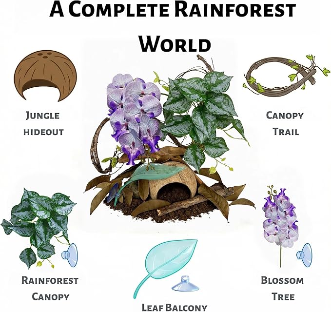 Crested Gecko Terrarium Decor Kit - 5PCS Rainforest Tank Accessories with Coconut Hide, Climbing Vines, Leaf Platform & Artificial Plants - Habitat Enrichment for Humidity & Hiding (Purple)
