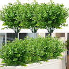 12 Bundles Outdoor Artificial Boxwood UV Resistant Fake Stems Plants, Faux Plastic Greenery for Indoor Outside Hanging Plants Garden Porch Window Box Home Wedding Farmhouse Décor