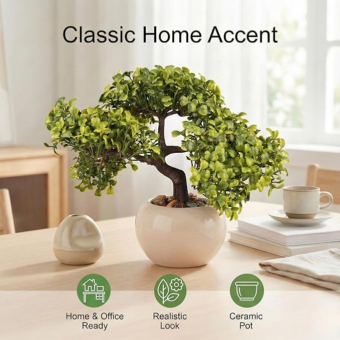 9.5 Inch Artificial Bonsai Tree with Ceramic Pot - Decorative Fake Plant for Home Office Living Room Window Sill, Fake Plants for Year-Round Decoration（White）